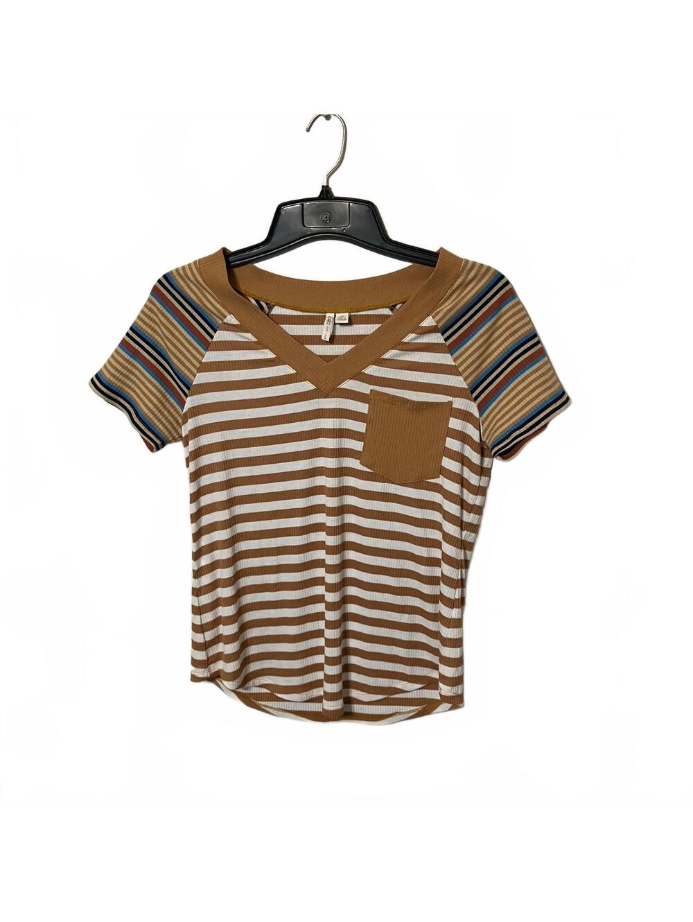Cato Bohemian Indie V-Neck Brown Retro Striped V-Neck Knit Top Women's Small
